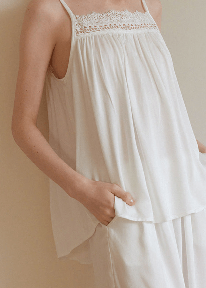 Amie Lace Collar Satin Lightweight Pajama Set / White - Ever Lasting