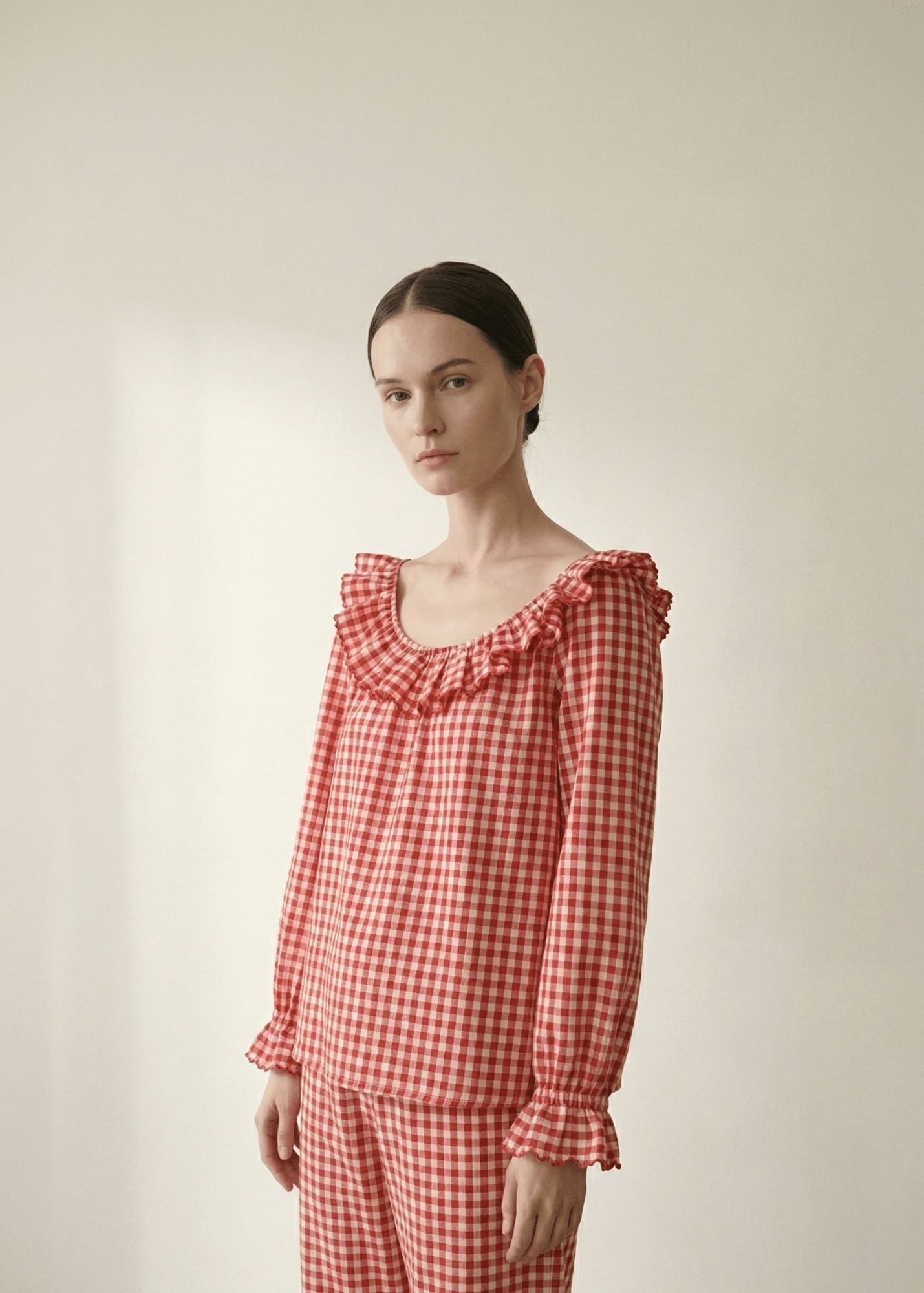 - Ever Lasting - Ariane Gingham Boat Neck Combed Cotton Pajama Set / Red - Pajama Set - Ever Lasting