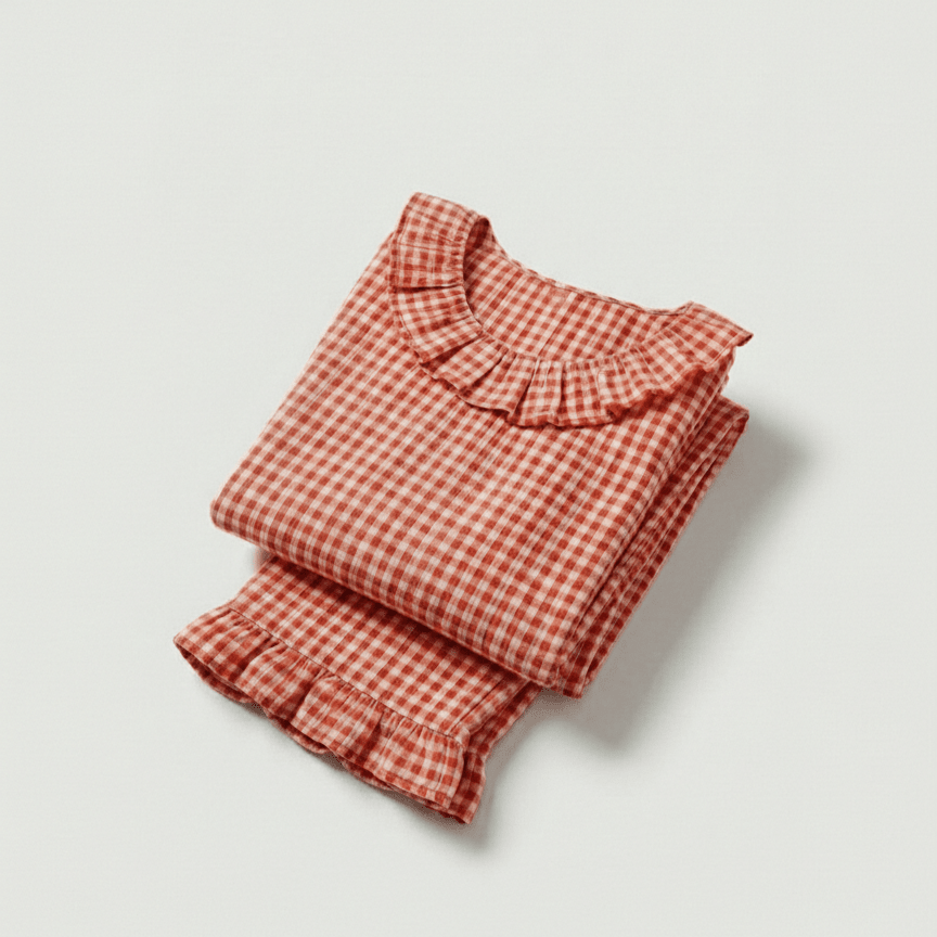 - Ever Lasting - Ariane Gingham Boat Neck Combed Cotton Pajama Set / Red - Pajama Set - Ever Lasting