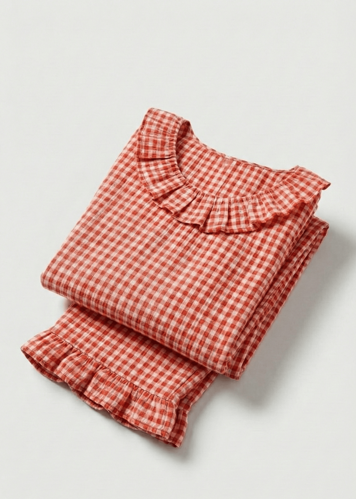 - Ever Lasting - Ariane Gingham Boat Neck Combed Cotton Pajama Set / Red - Pajama Set - Ever Lasting