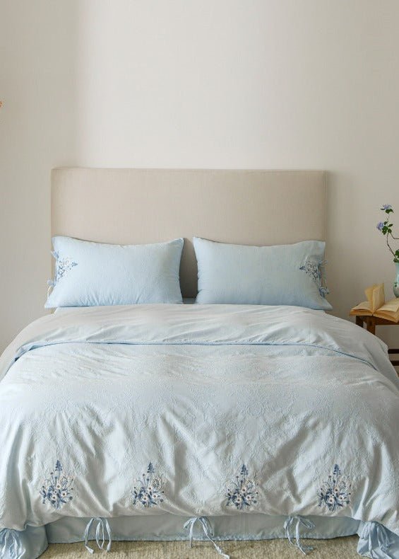 -Ever Lasting - Ariella Floral Embroidered Bedding Set / Blue -Bedding Set -Ever Lasting