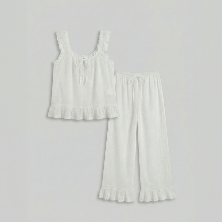 - Ever Lasting - Arielle Cotton Embroidered Lounge Set / White - Pajamas - Ever Lasting