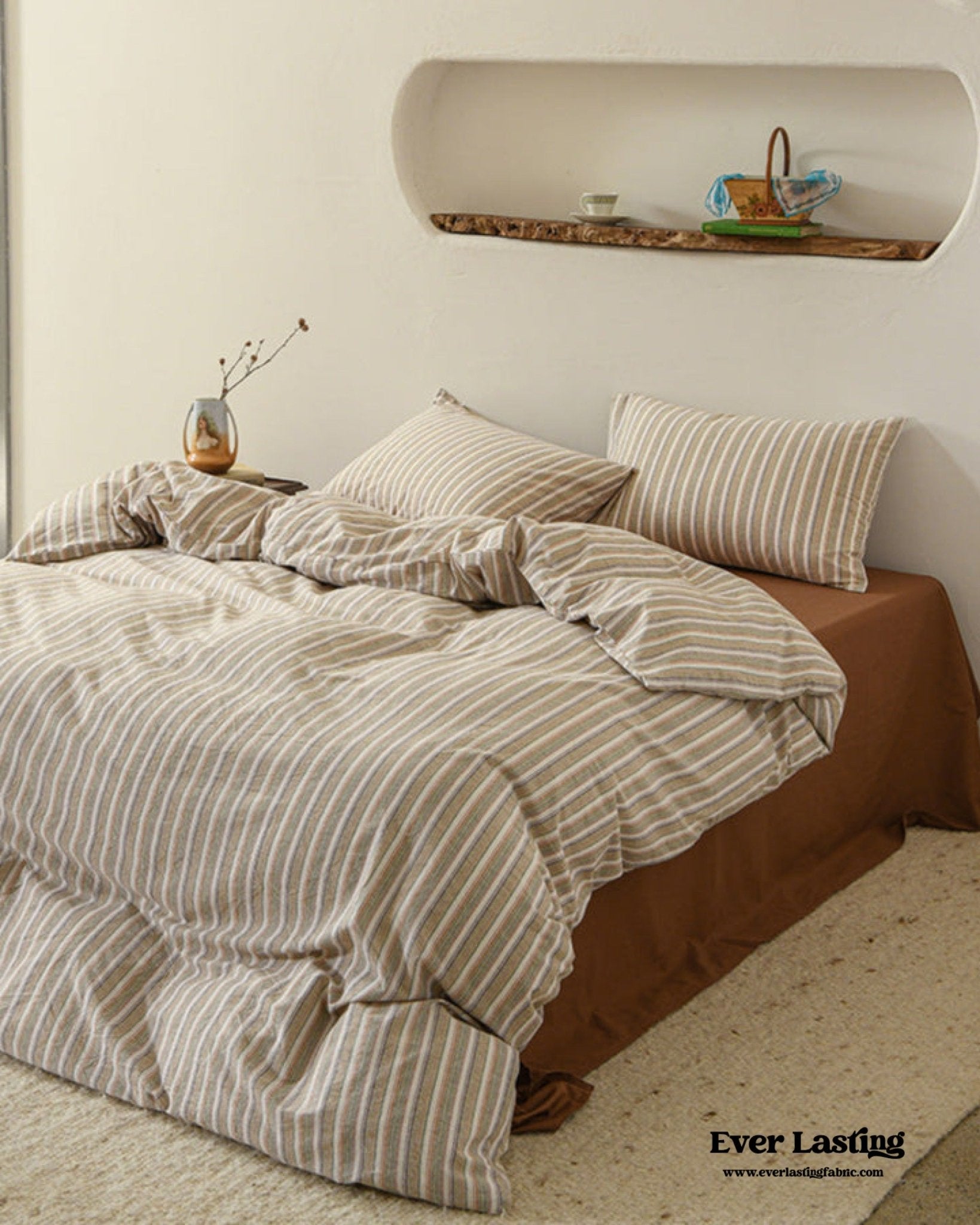 Ava Vintage Striped Cotton Bedding Set / Beige Solid - Ever Lasting