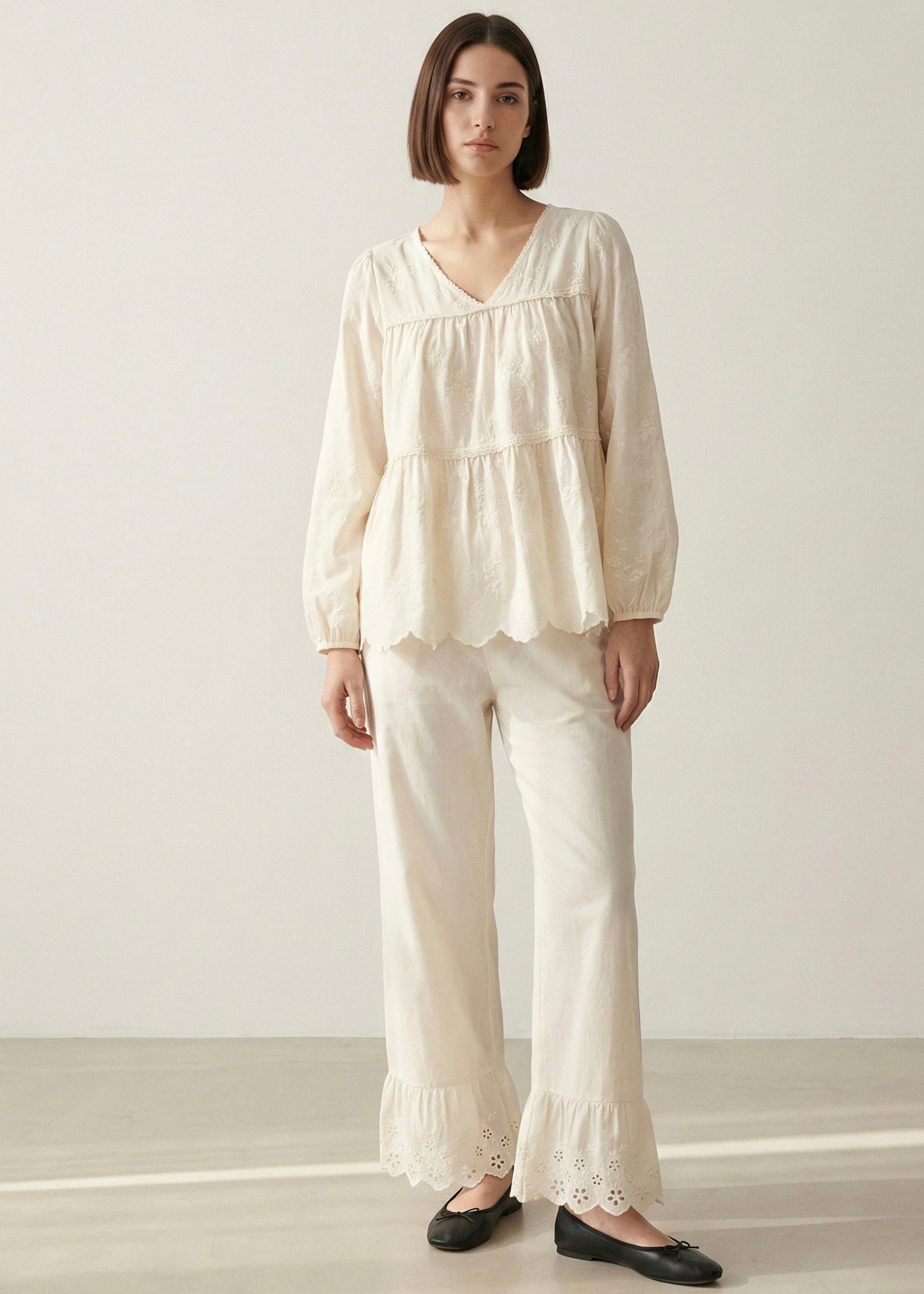 - Ever Lasting - Avery Long - Sleeve & Long - Pant Floral Pajama Set / White - Pajamas - Ever Lasting
