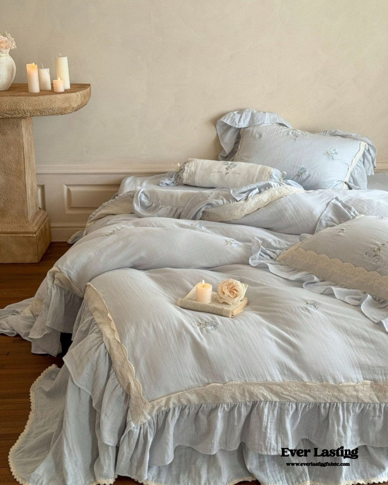 Beatrice Rose Lace Ruffle Bedding Set / Blue - Ever Lasting