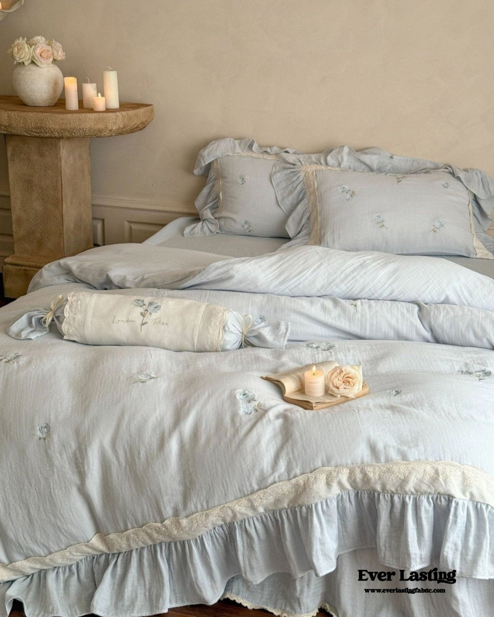 Beatrice Rose Lace Ruffle Bedding Set / Blue - Ever Lasting