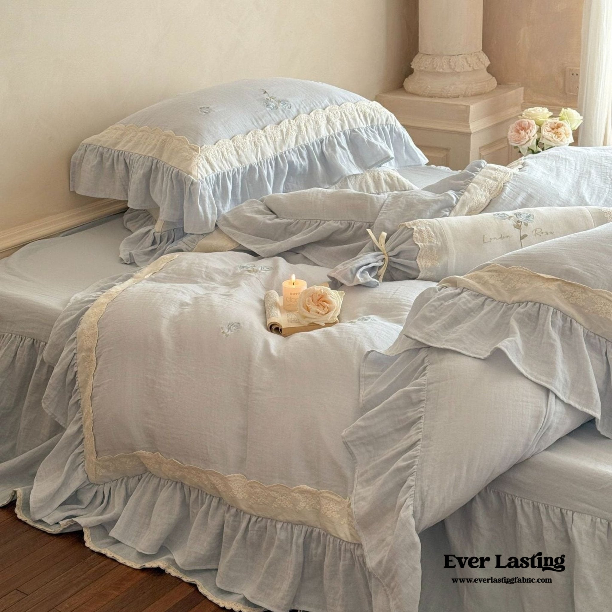 Beatrice Rose Lace Ruffle Bedding Set / Blue - Ever Lasting
