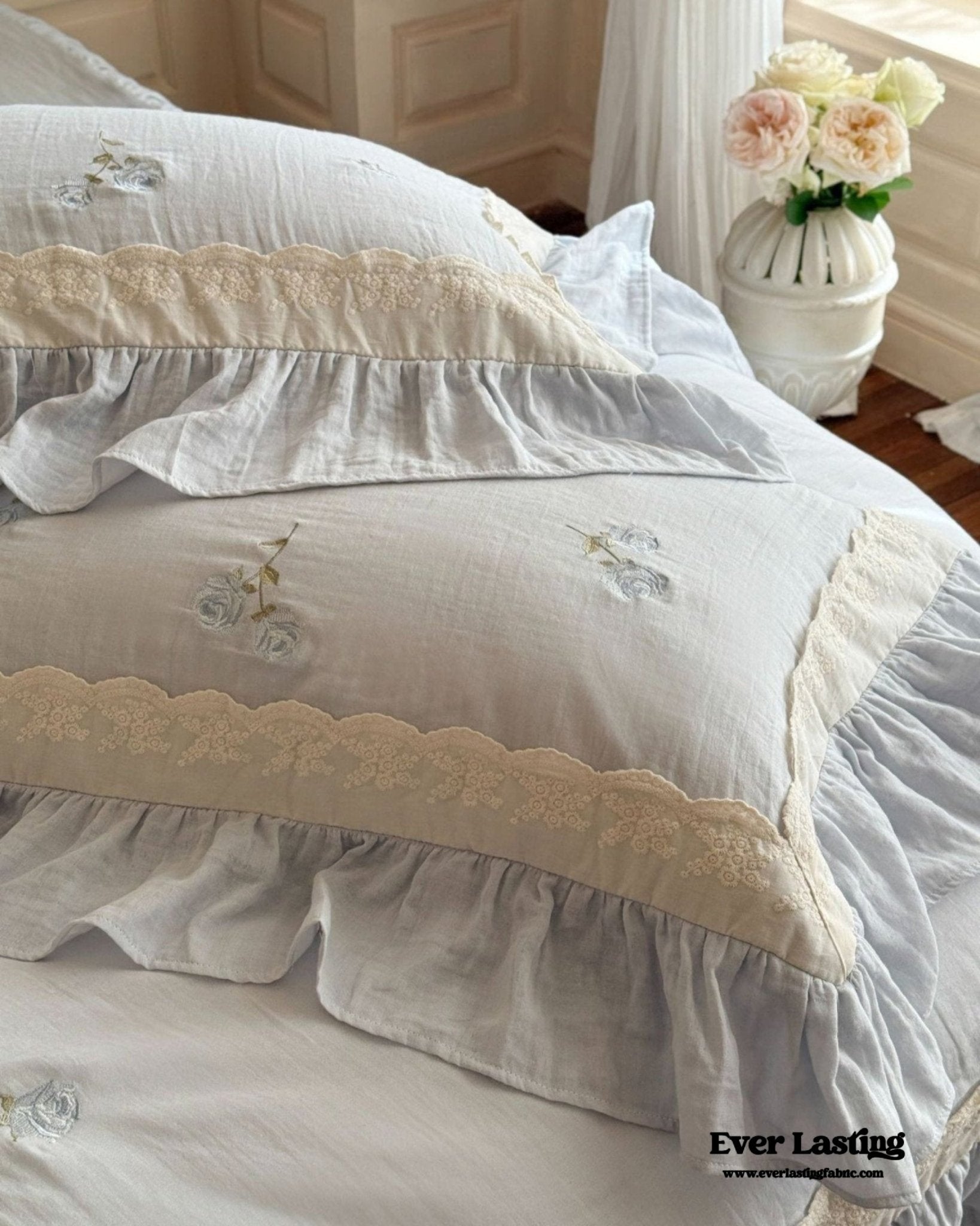 Beatrice Rose Lace Ruffle Bedding Set / Blue - Ever Lasting