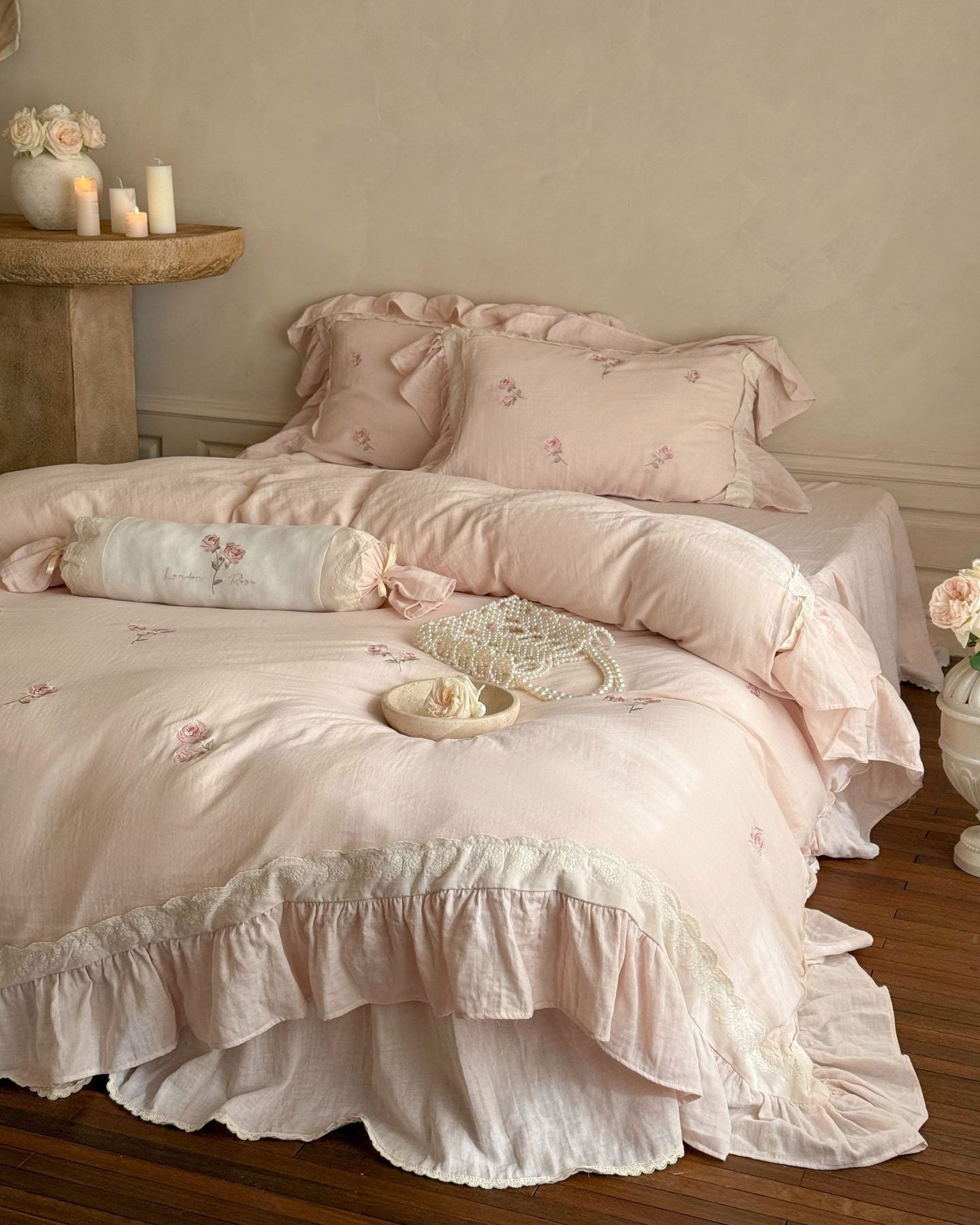 Beatrice Rose Lace Ruffle Bedding Set / Blue - Ever Lasting