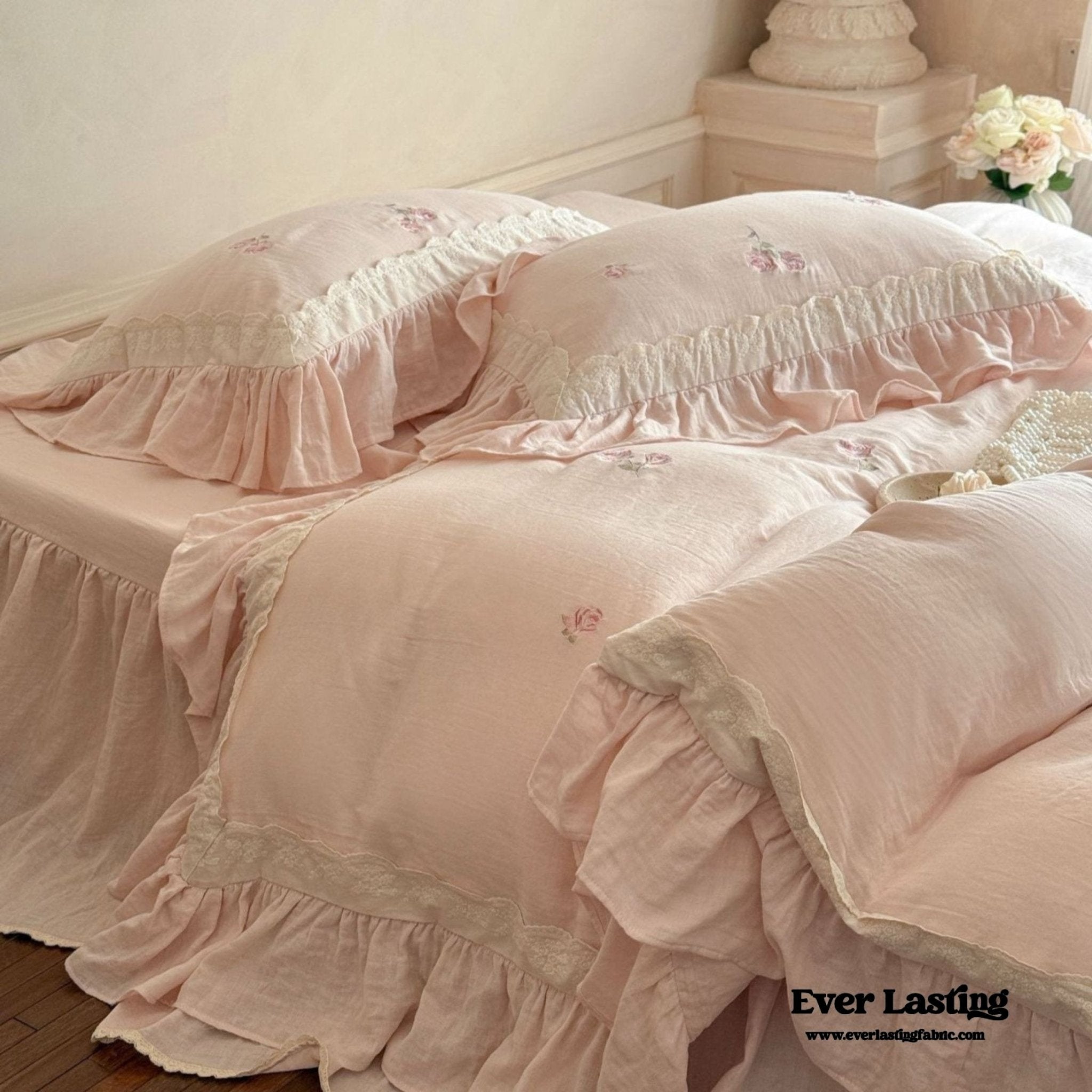 Beatrice Rose Lace Ruffle Bedding Set / Blue - Ever Lasting