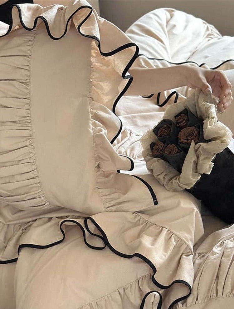- Ever Lasting - Beige Black Trim Ruffle Bedding Bundle - Bedding Bundle - Ever Lasting