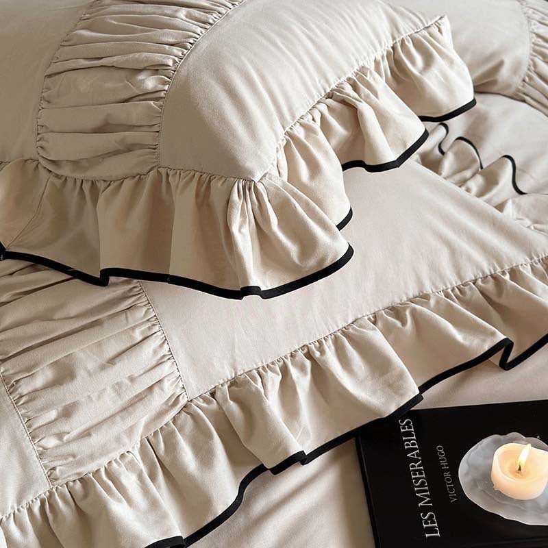 - Ever Lasting - Beige Black Trim Ruffle Bedding Bundle - Bedding Bundle - Ever Lasting