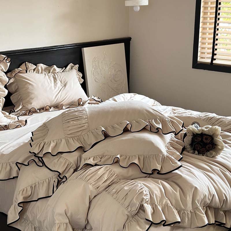 - Ever Lasting - Beige Black Trim Ruffle Bedding Bundle - Bedding Bundle - Ever Lasting