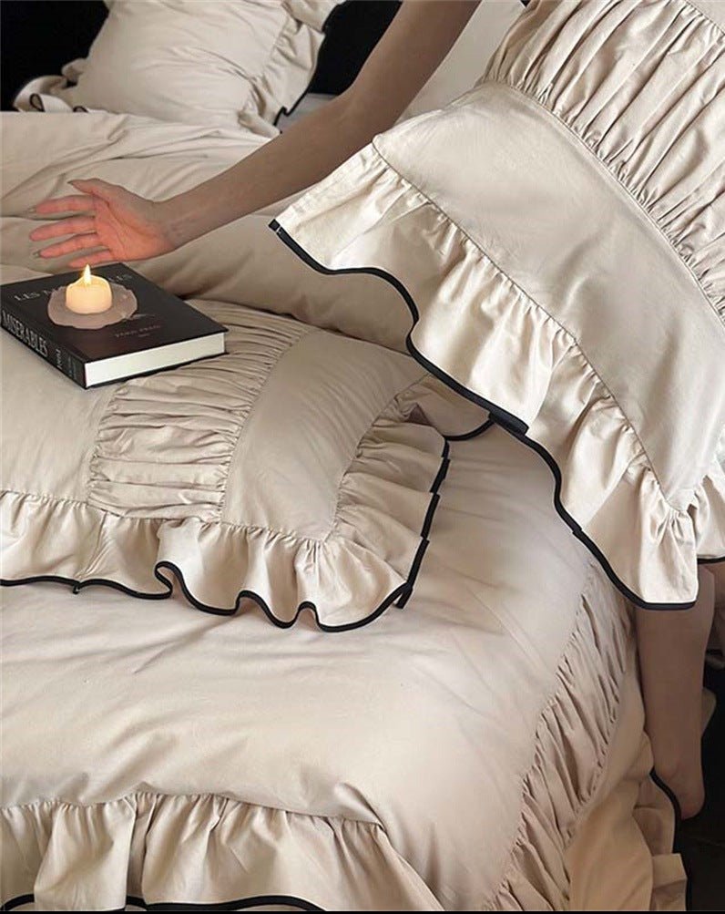 - Ever Lasting - Beige Black Trim Ruffle Bedding Bundle - Bedding Bundle - Ever Lasting