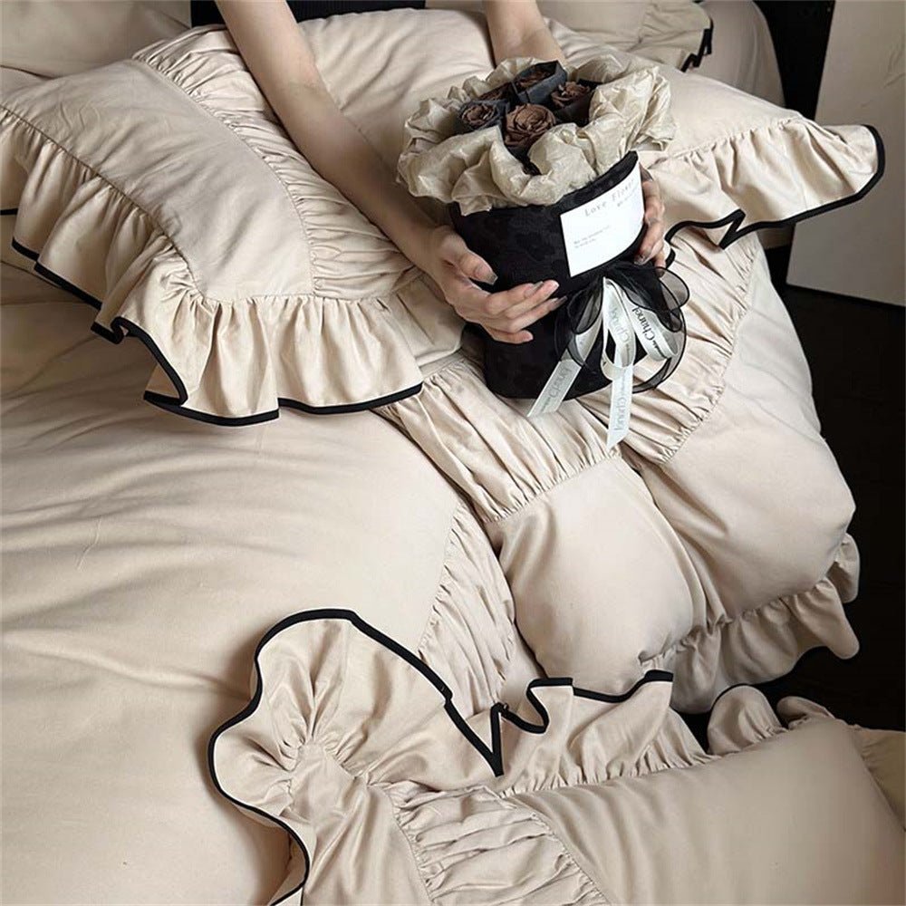 - Ever Lasting - Beige Black Trim Ruffle Bedding Bundle - Bedding Bundle - Ever Lasting
