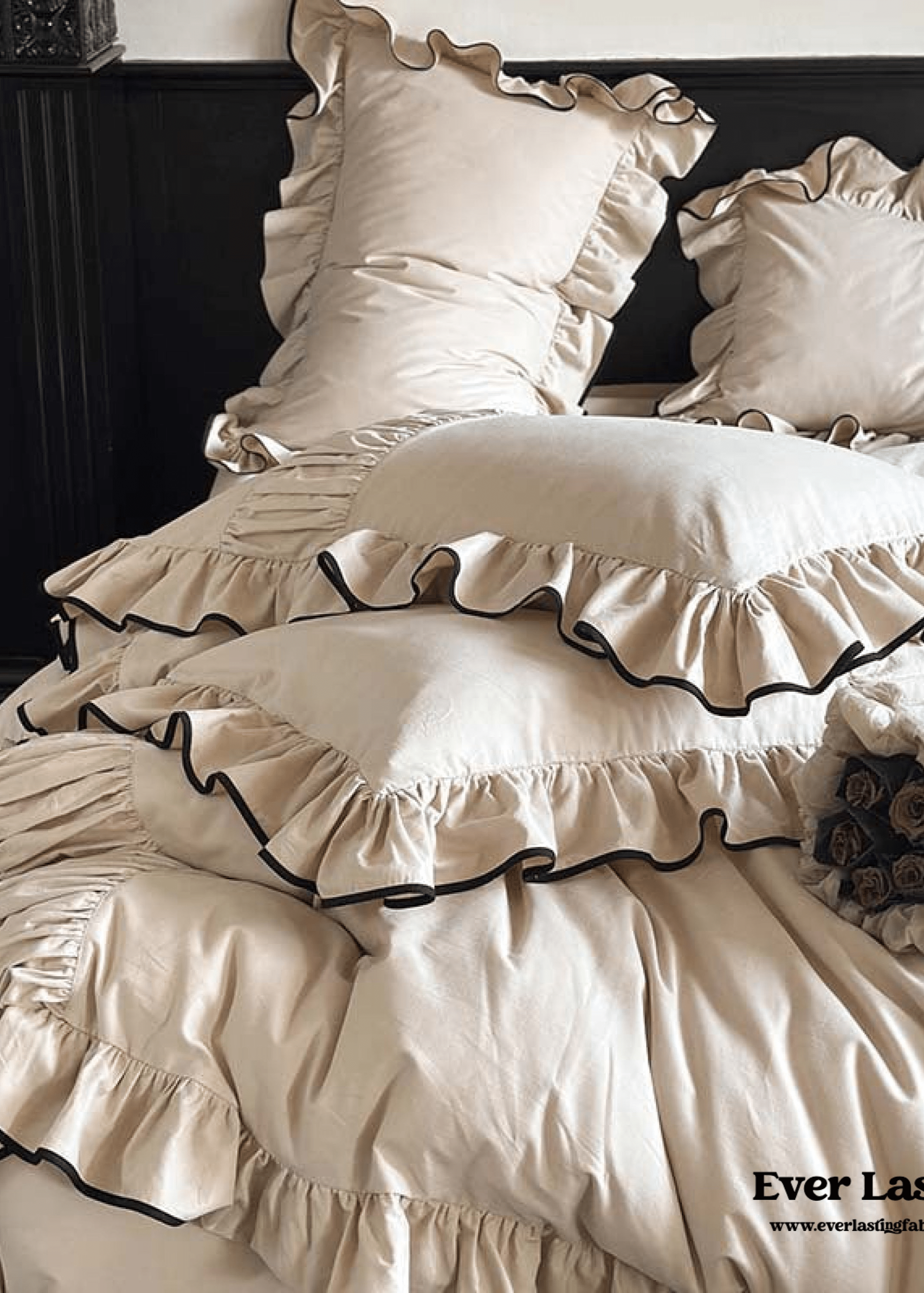 - Ever Lasting - Beige Black Trim Ruffle Bedding Bundle - Bedding Bundle - Ever Lasting