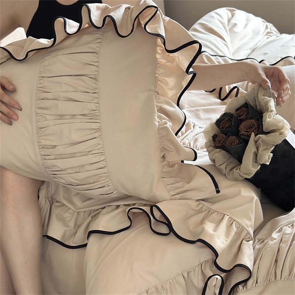 - Ever Lasting - Beige Black Trim Ruffle Bedding Set - Bedding Set - Ever Lasting