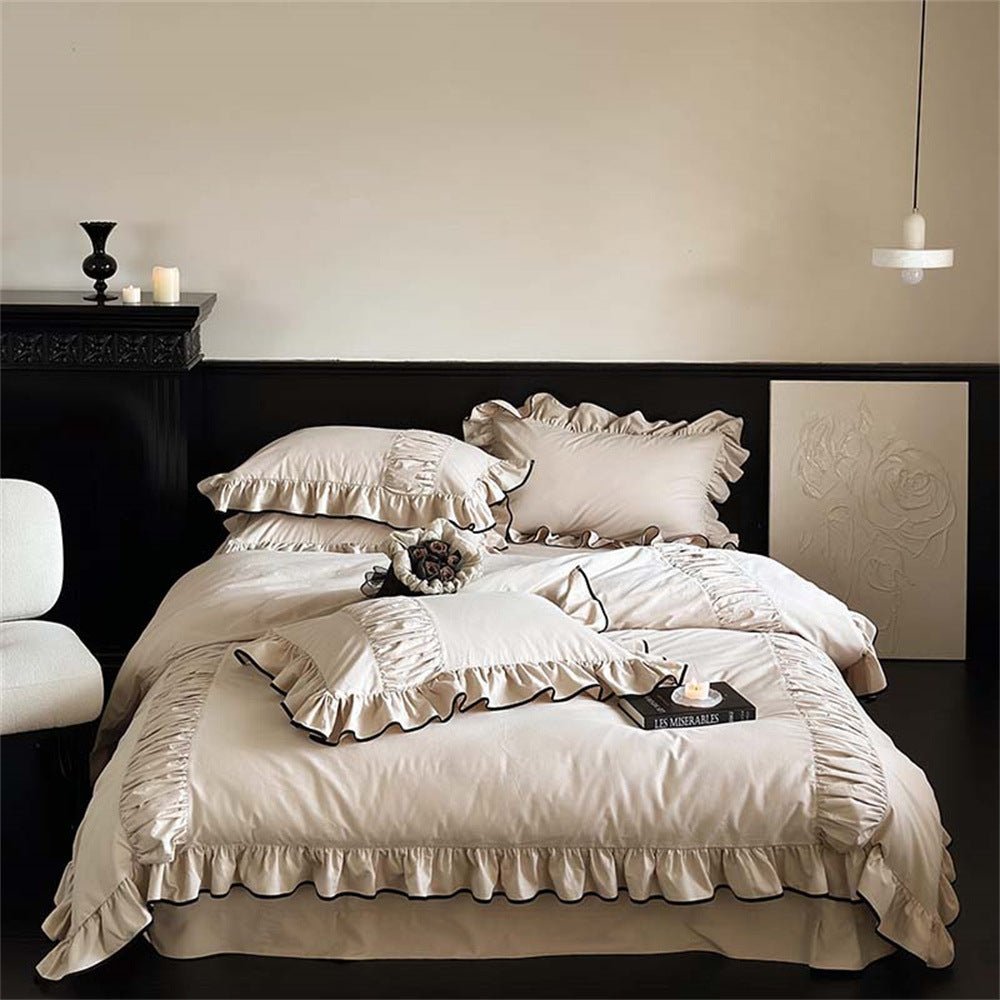 - Ever Lasting - Beige Black Trim Ruffle Bedding Set - Bedding Set - Ever Lasting