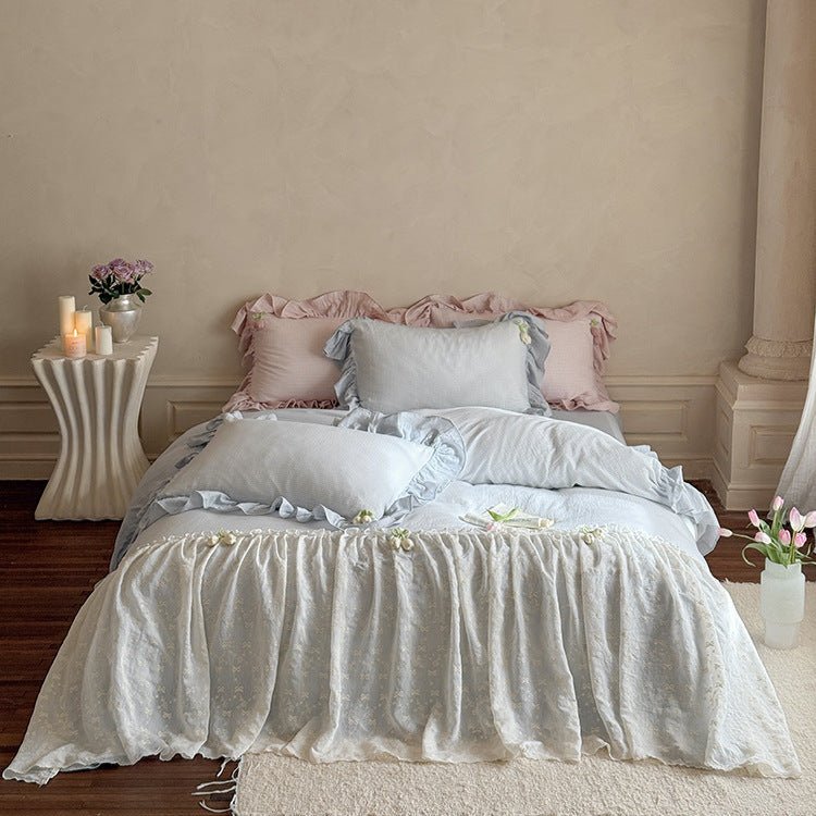 Bella Floral Lace Ruffled Princess Bedding Set / Blue - Ever Lasting