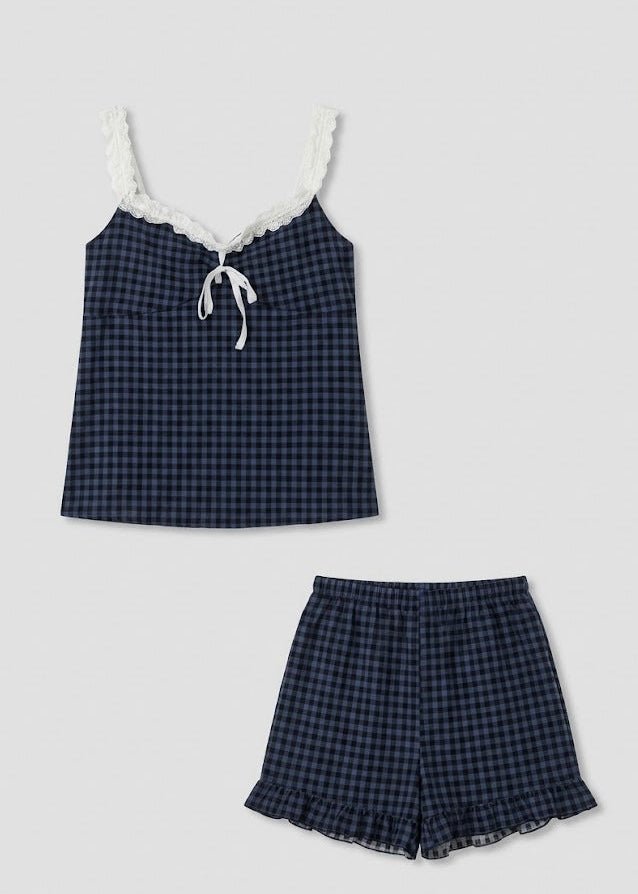 - Ever Lasting - Bellamy Ruffle Gingham Lace Pajama Set / Blue - Pajamas - Ever Lasting