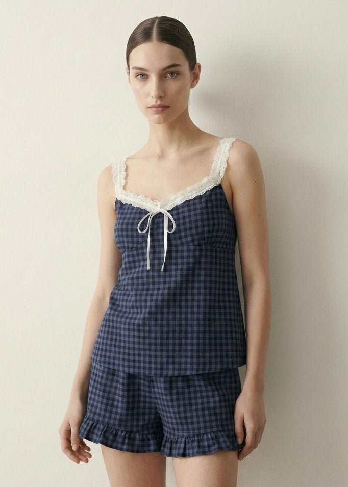 - Ever Lasting - Bellamy Ruffle Gingham Lace Pajama Set / Blue - Pajamas - Ever Lasting
