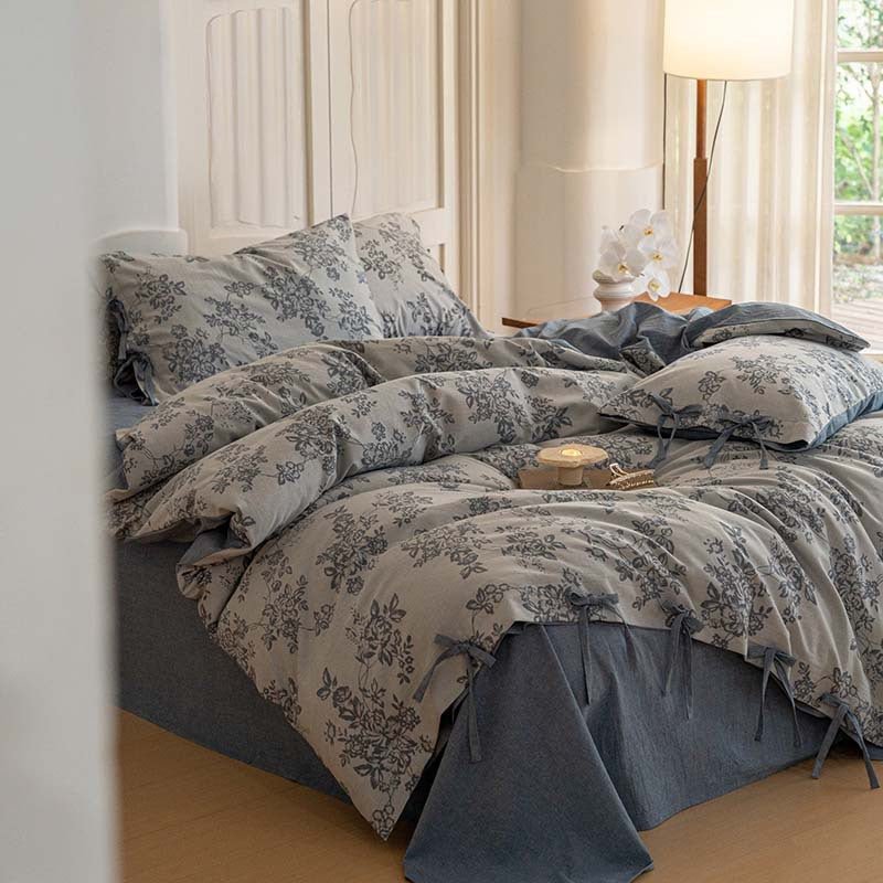 - Ever Lasting - Bonnie Ribbon Bow Tie Floral Bedding Set / Dark Gray - Bedding Set - Ever Lasting
