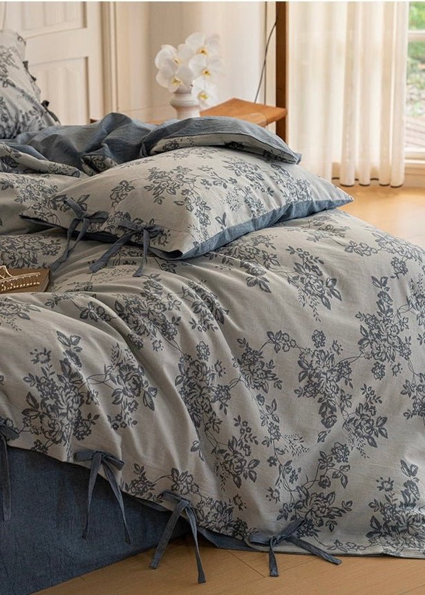 - Ever Lasting - Bonnie Ribbon Bow Tie Floral Bedding Set / Dark Gray - Bedding Set - Ever Lasting