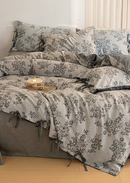 - Ever Lasting - Bonnie Ribbon Bow Tie Floral Bedding Set / Dark Gray - Bedding Set - Ever Lasting