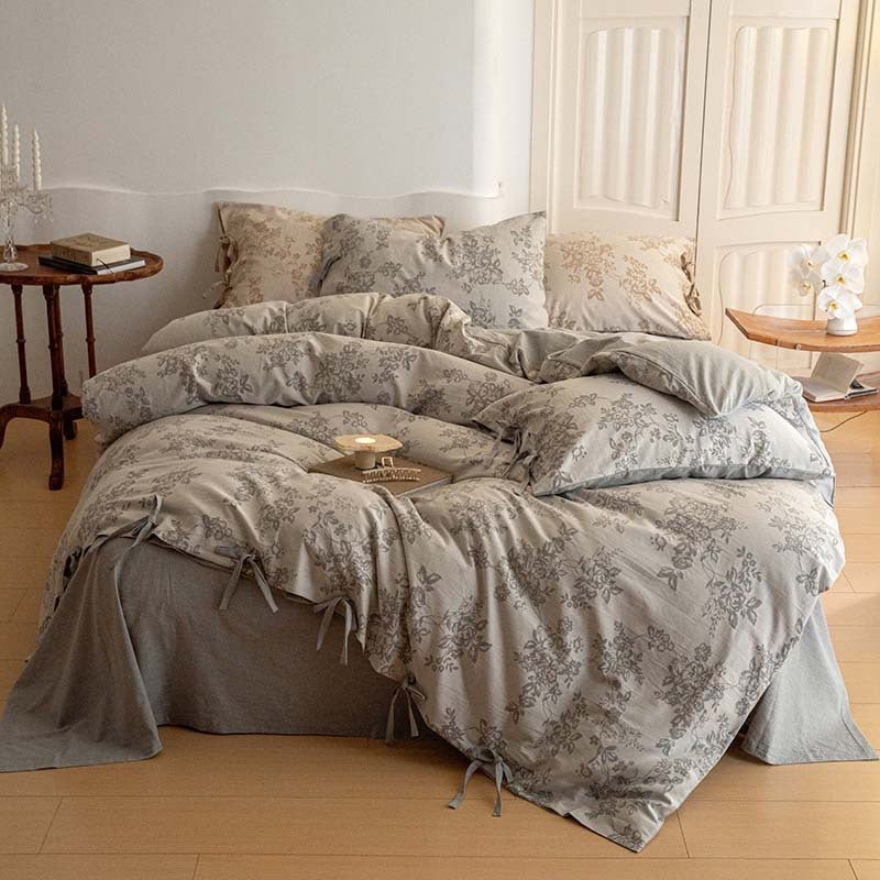 - Ever Lasting - Bonnie Ribbon Bow Tie Floral Bedding Set / Dark Gray - Bedding Set - Ever Lasting