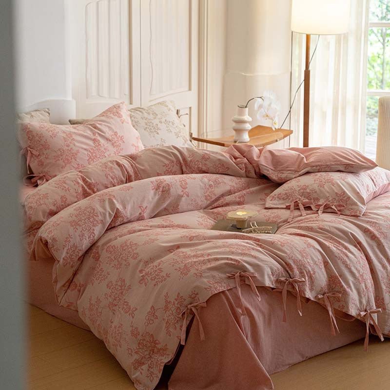 - Ever Lasting - Bonnie Ribbon Bow Tie Floral Bedding Set / Dark Gray - Bedding Set - Ever Lasting