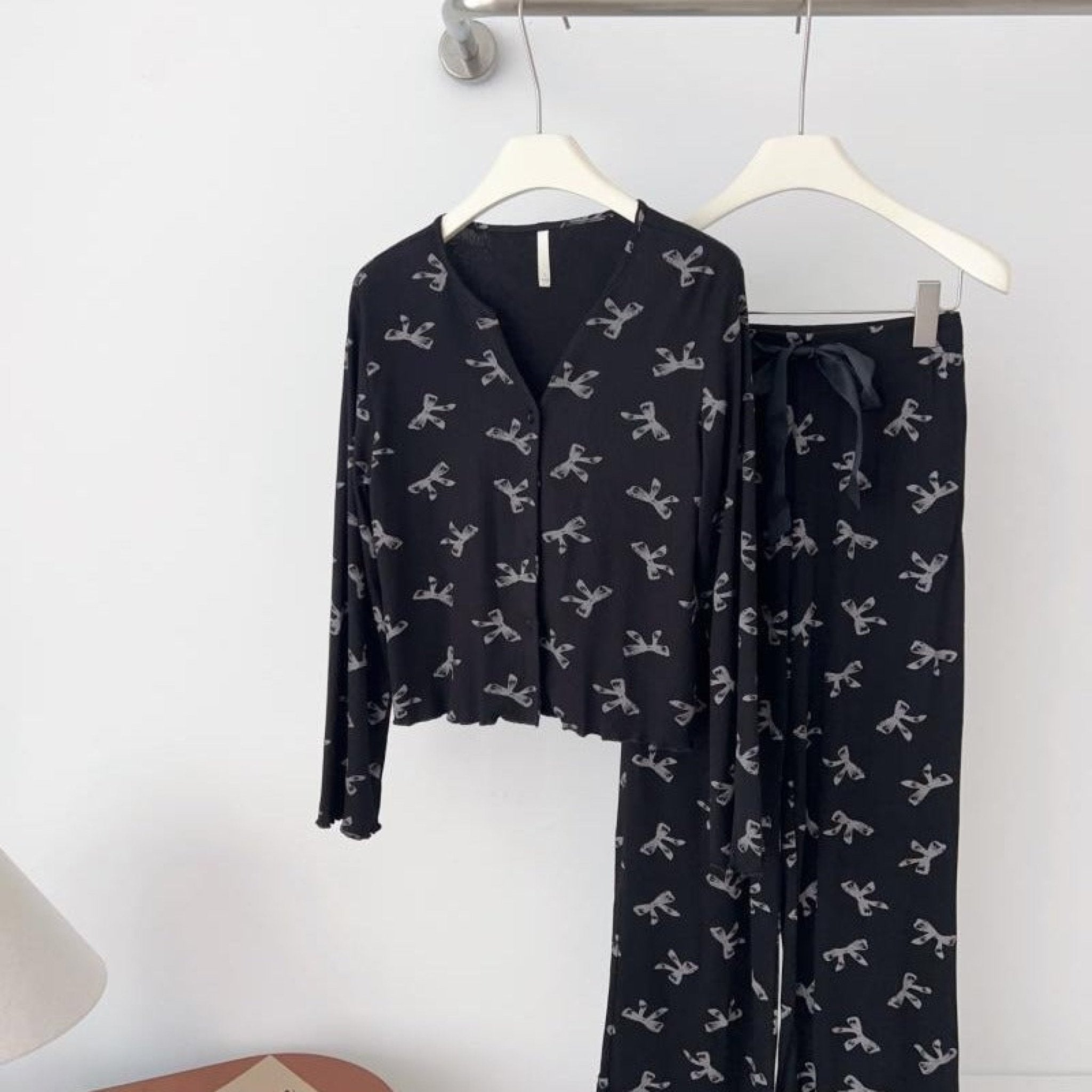Bow V Neck Modal Pajama Set / Black - Ever Lasting