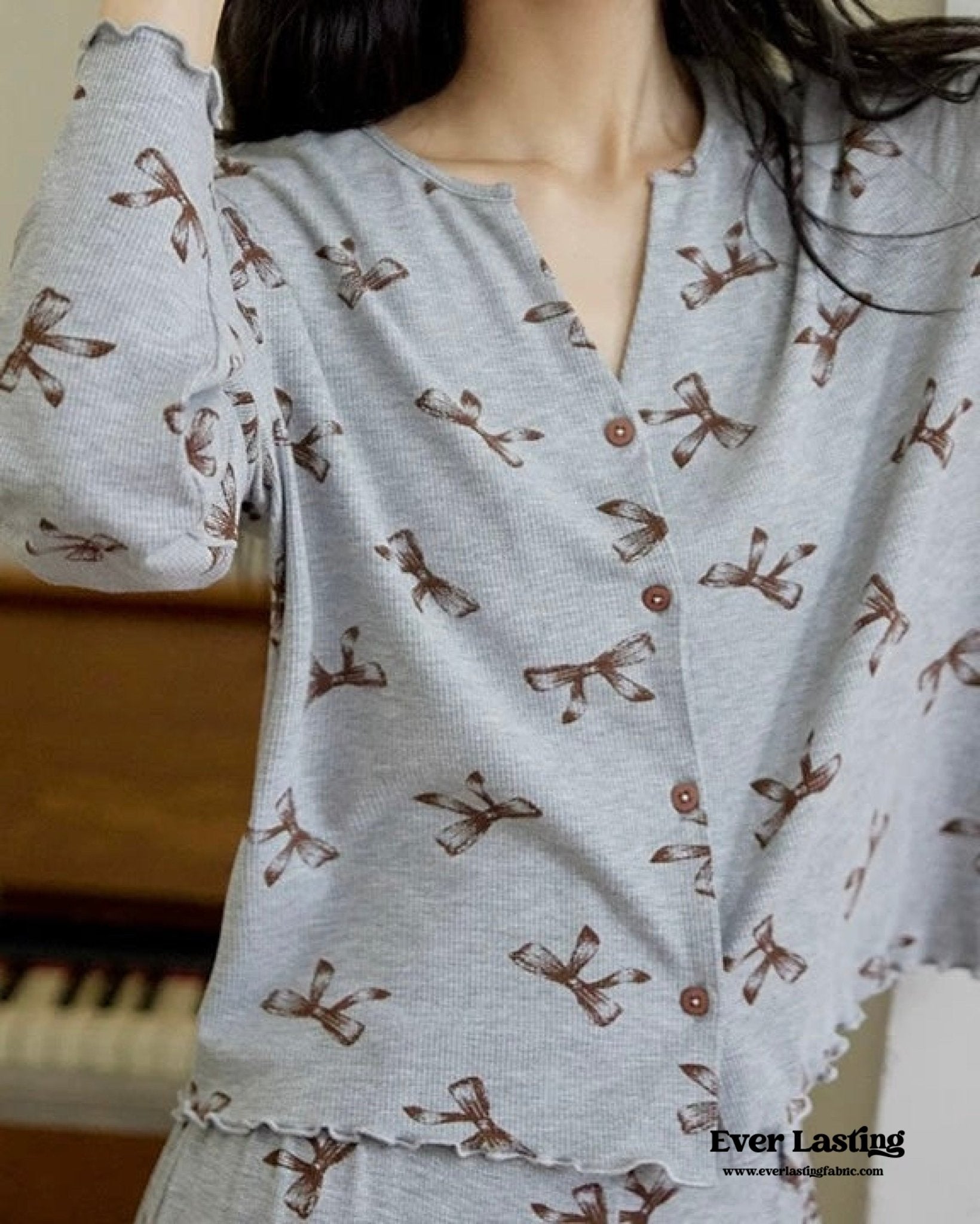 Bow V Neck Modal Pajama Set / Black - Ever Lasting