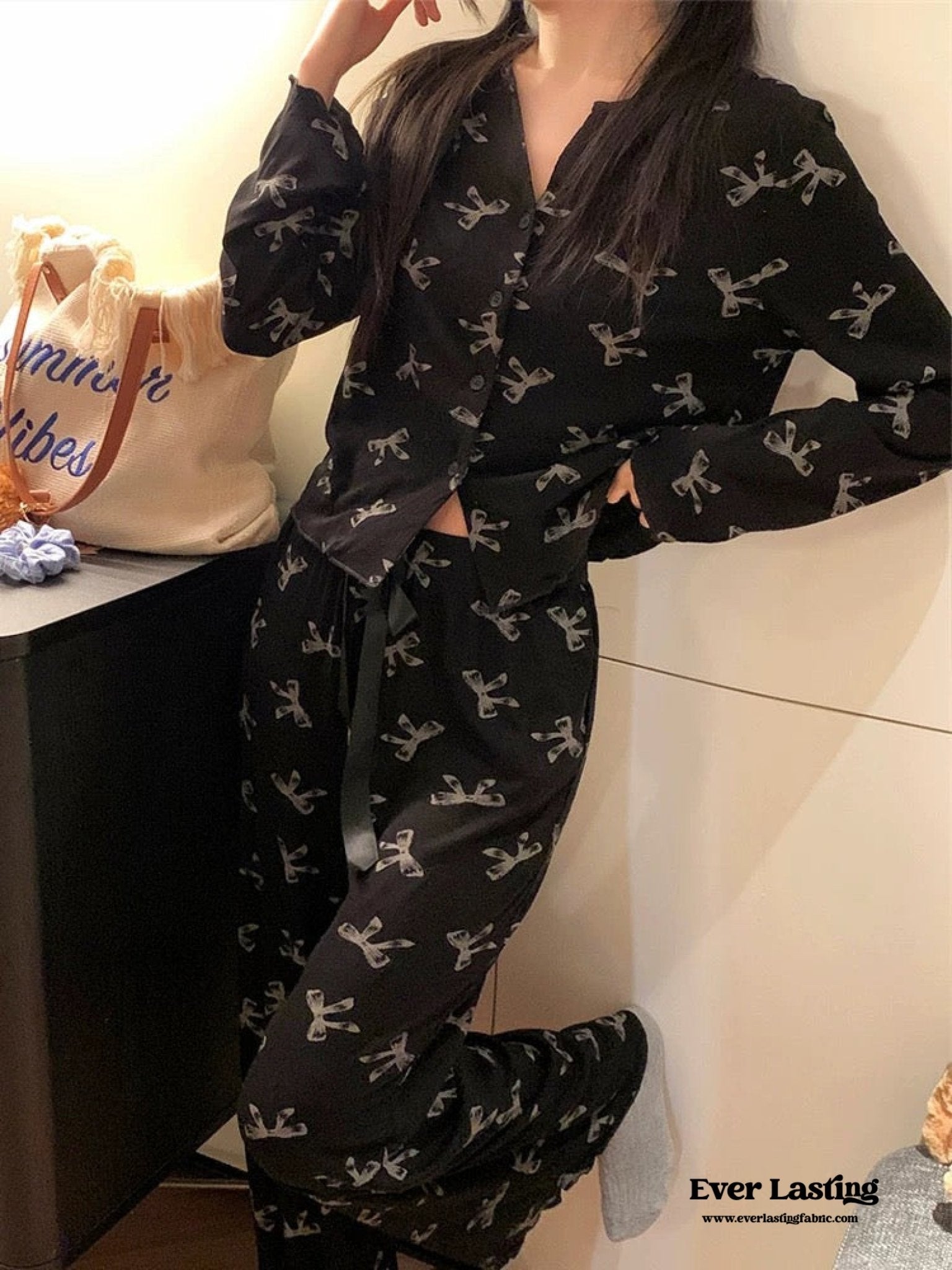 Bow V Neck Modal Pajama Set / Black - Ever Lasting