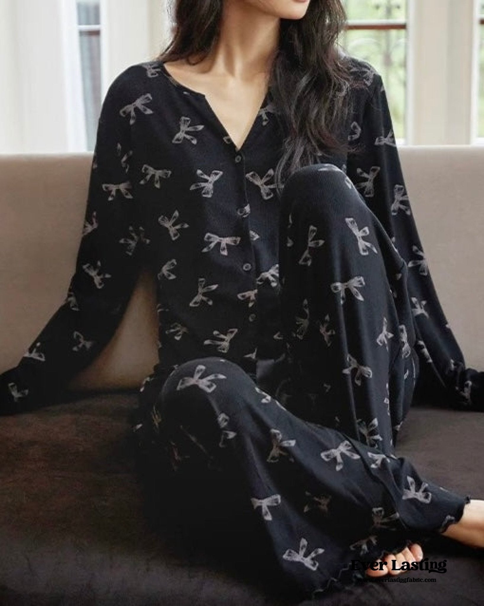 Bow V Neck Modal Pajama Set / Black - Ever Lasting