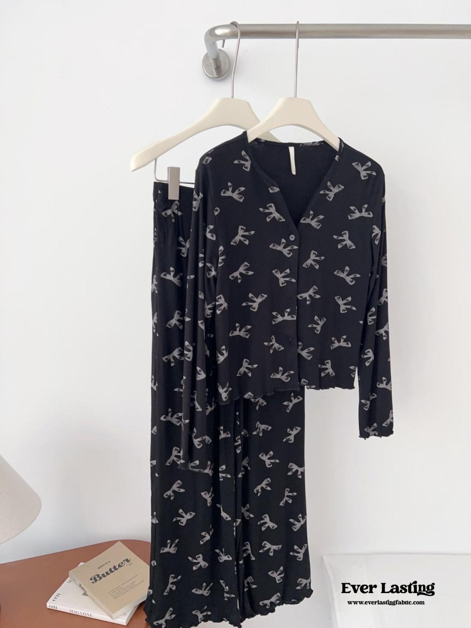Bow V Neck Modal Pajama Set / Black - Ever Lasting