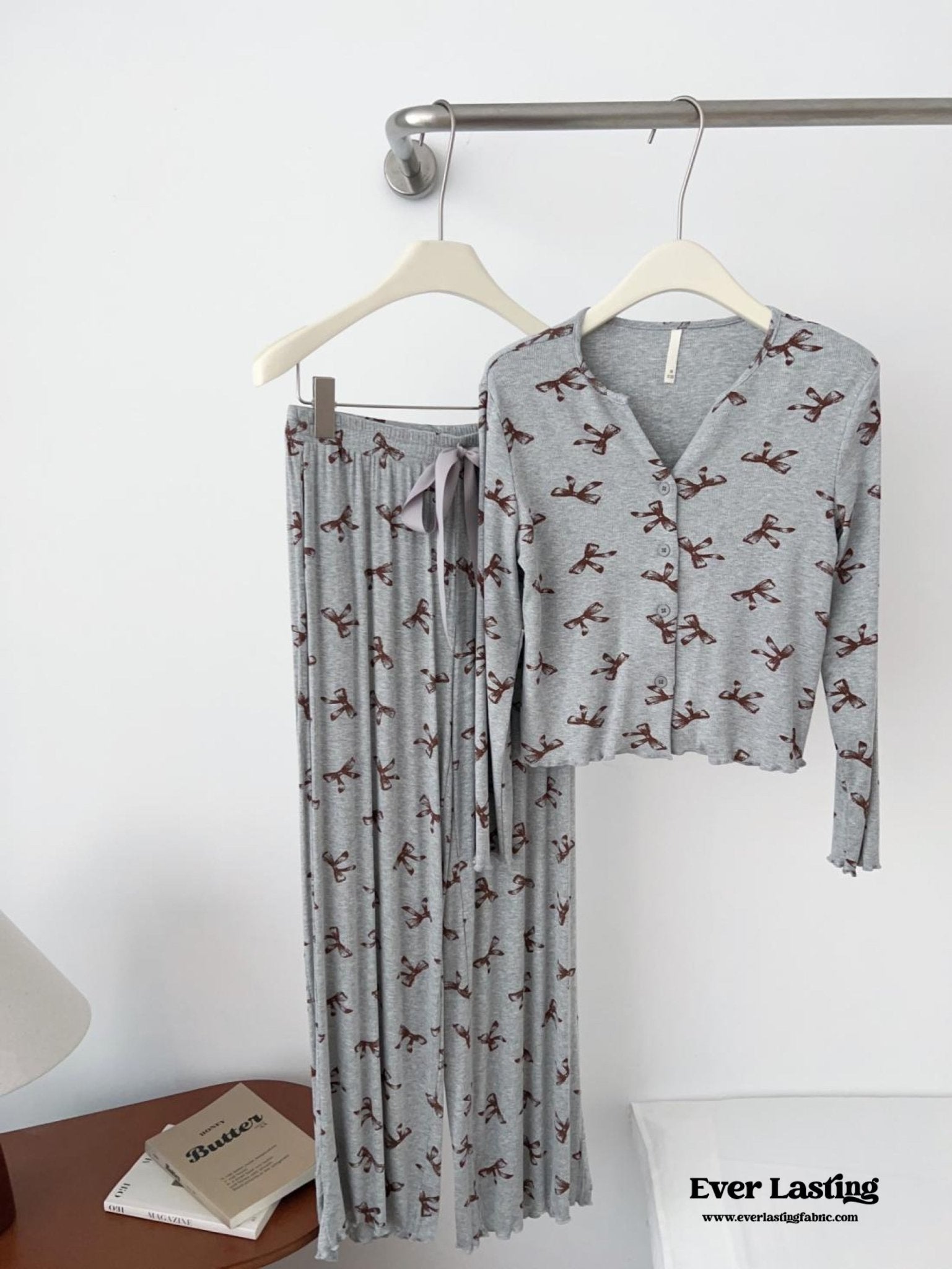 Bow V Neck Modal Pajama Set / Black - Ever Lasting