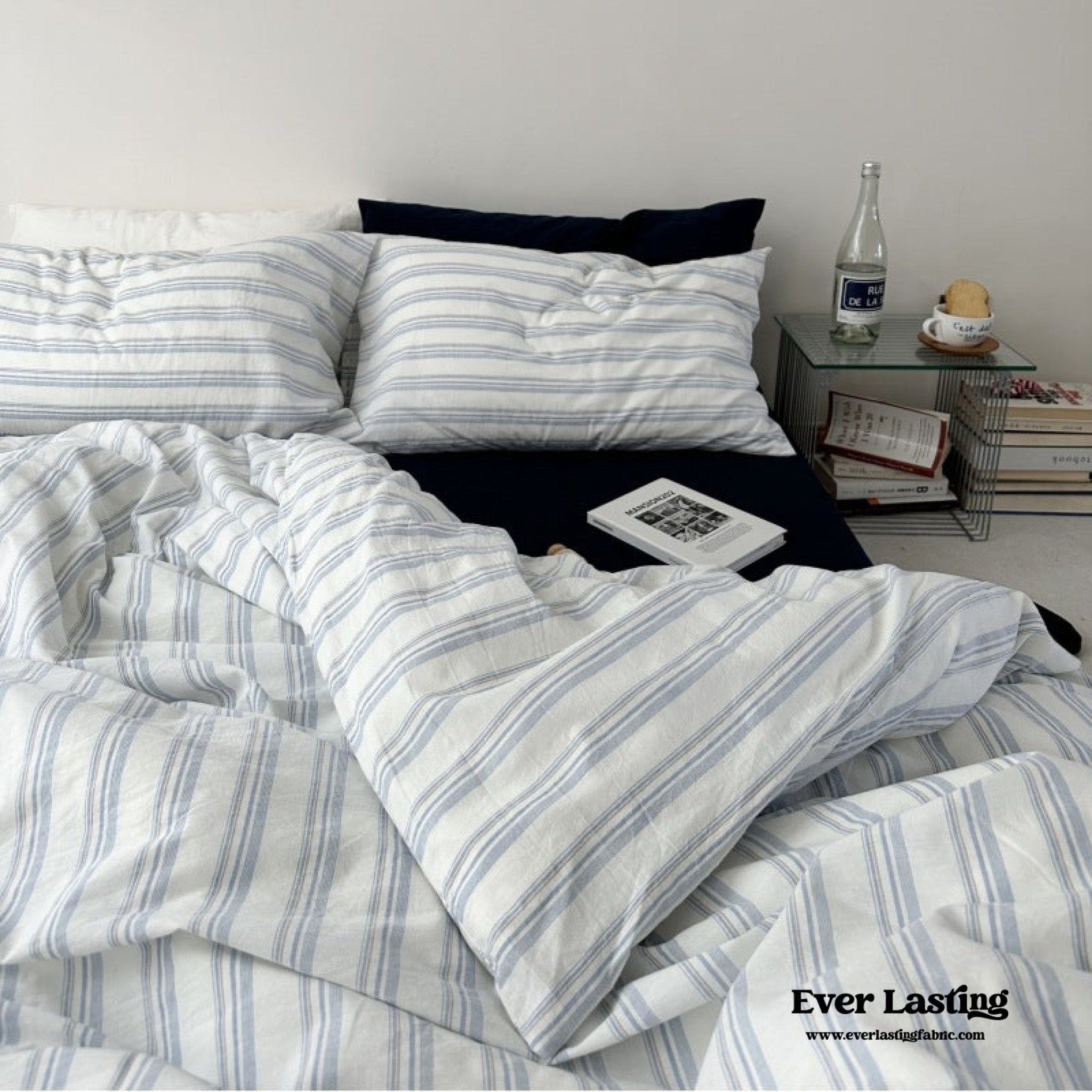 - Ever Lasting - Breezy Stripe Washed Cotton Blue Bedding Set - Bedding Set - Ever Lasting