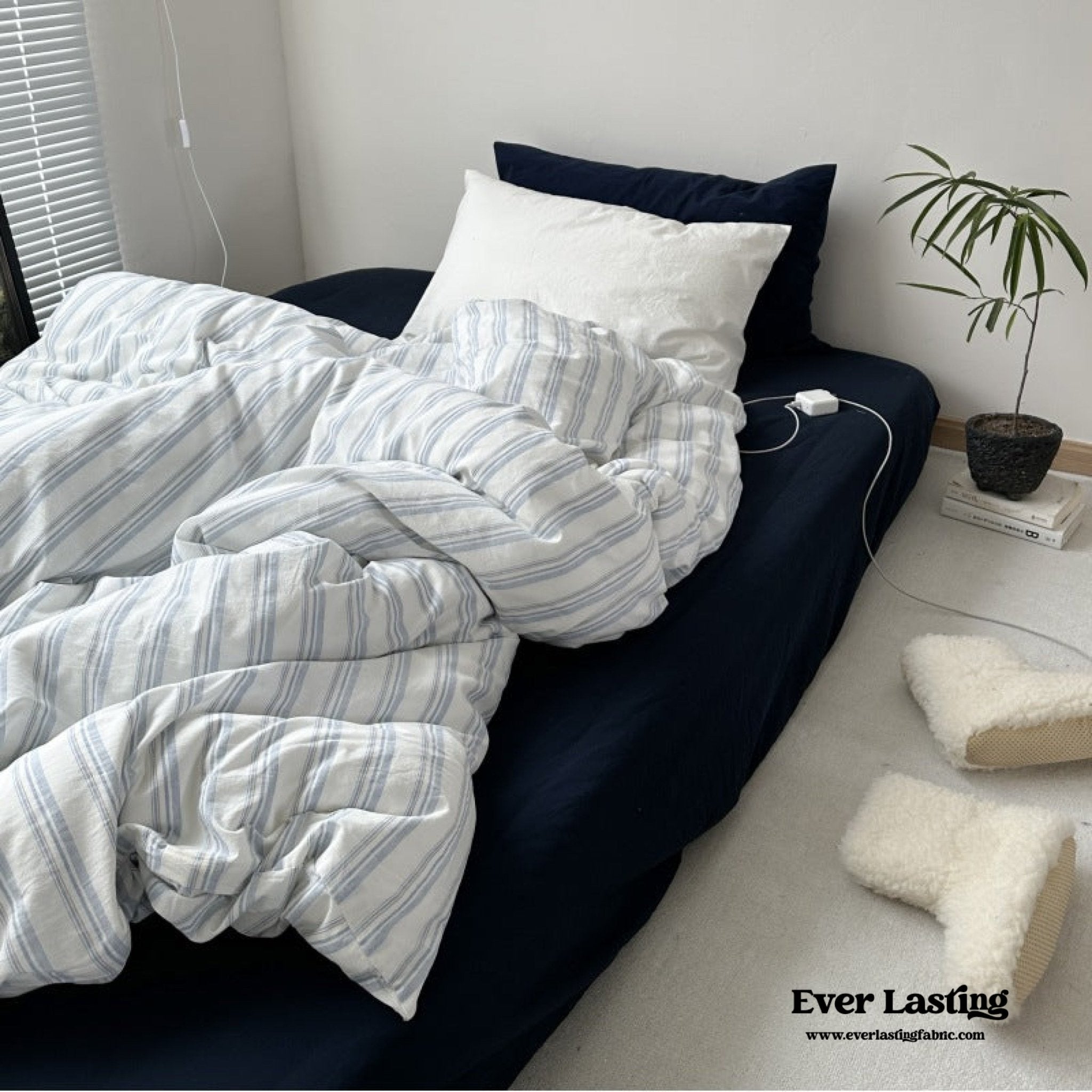 - Ever Lasting - Breezy Stripe Washed Cotton Blue Bedding Set - Bedding Set - Ever Lasting