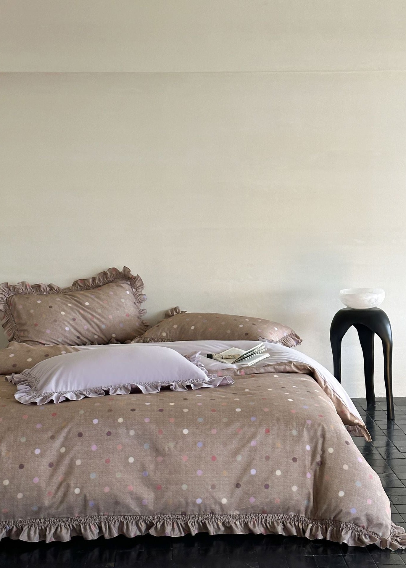 - Ever Lasting - Brielle Polka Dot Ruffle Bedding Set / Beige - Bedding Set - Ever Lasting