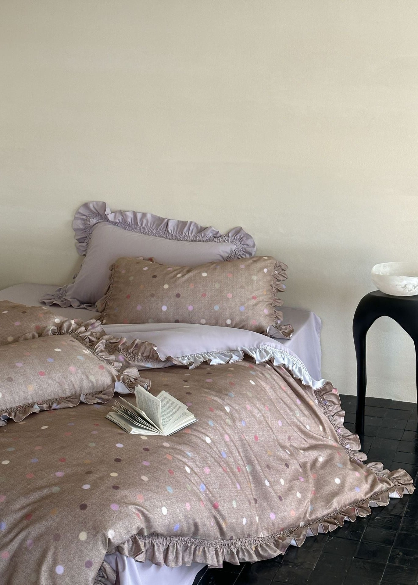 - Ever Lasting - Brielle Polka Dot Ruffle Bedding Set / Beige - Bedding Set - Ever Lasting