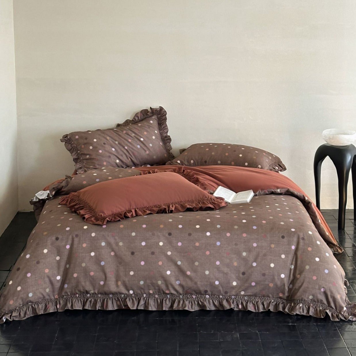 - Ever Lasting - Brielle Polka Dot Ruffle Bedding Set / Beige - Bedding Set - Ever Lasting