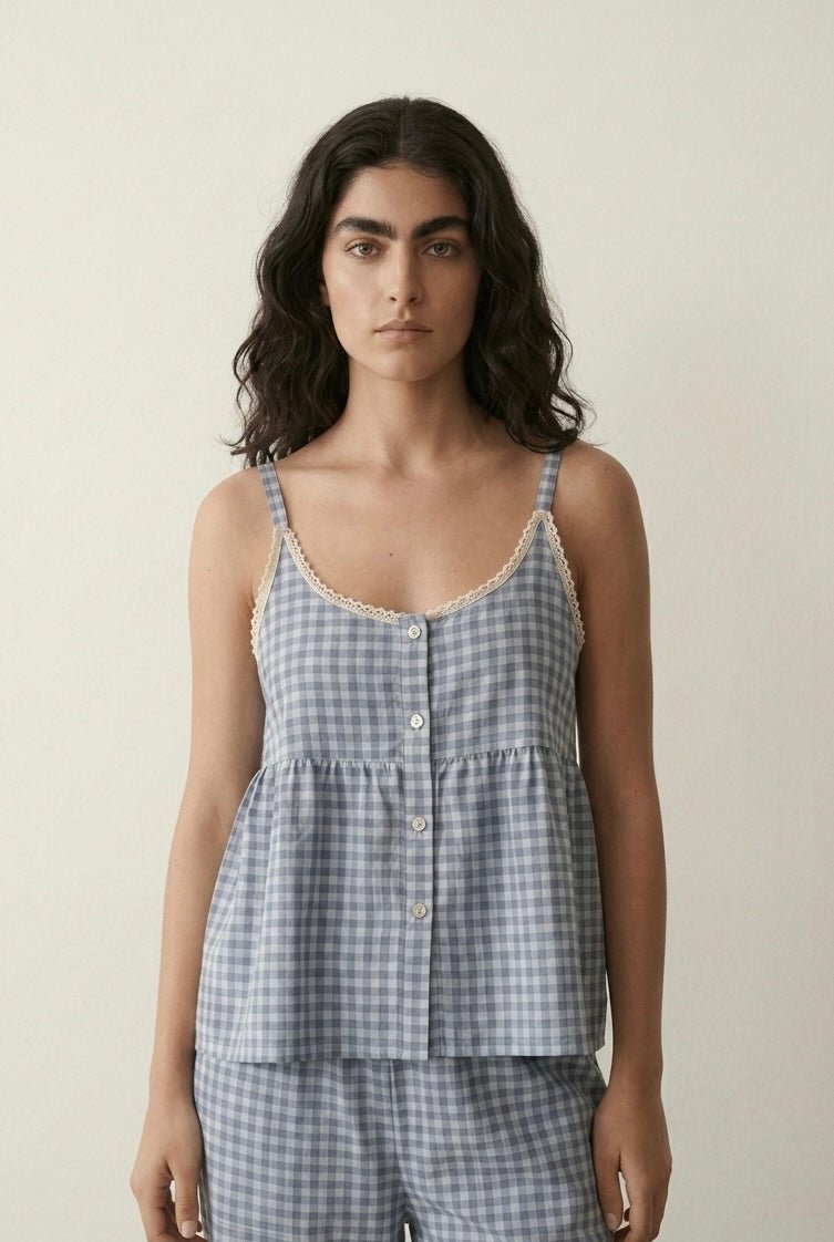 - Ever Lasting - Briony Gingham Sleeveless Pajama Set / Blue - Pajamas - Ever Lasting