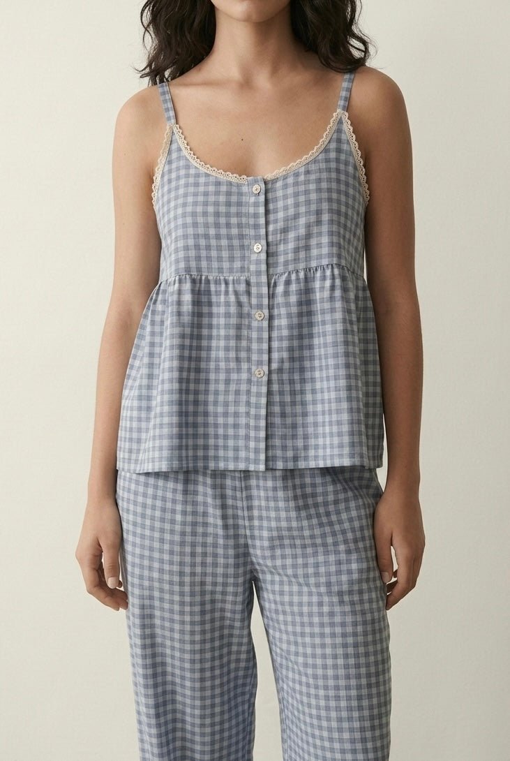 - Ever Lasting - Briony Gingham Sleeveless Pajama Set / Blue - Pajamas - Ever Lasting