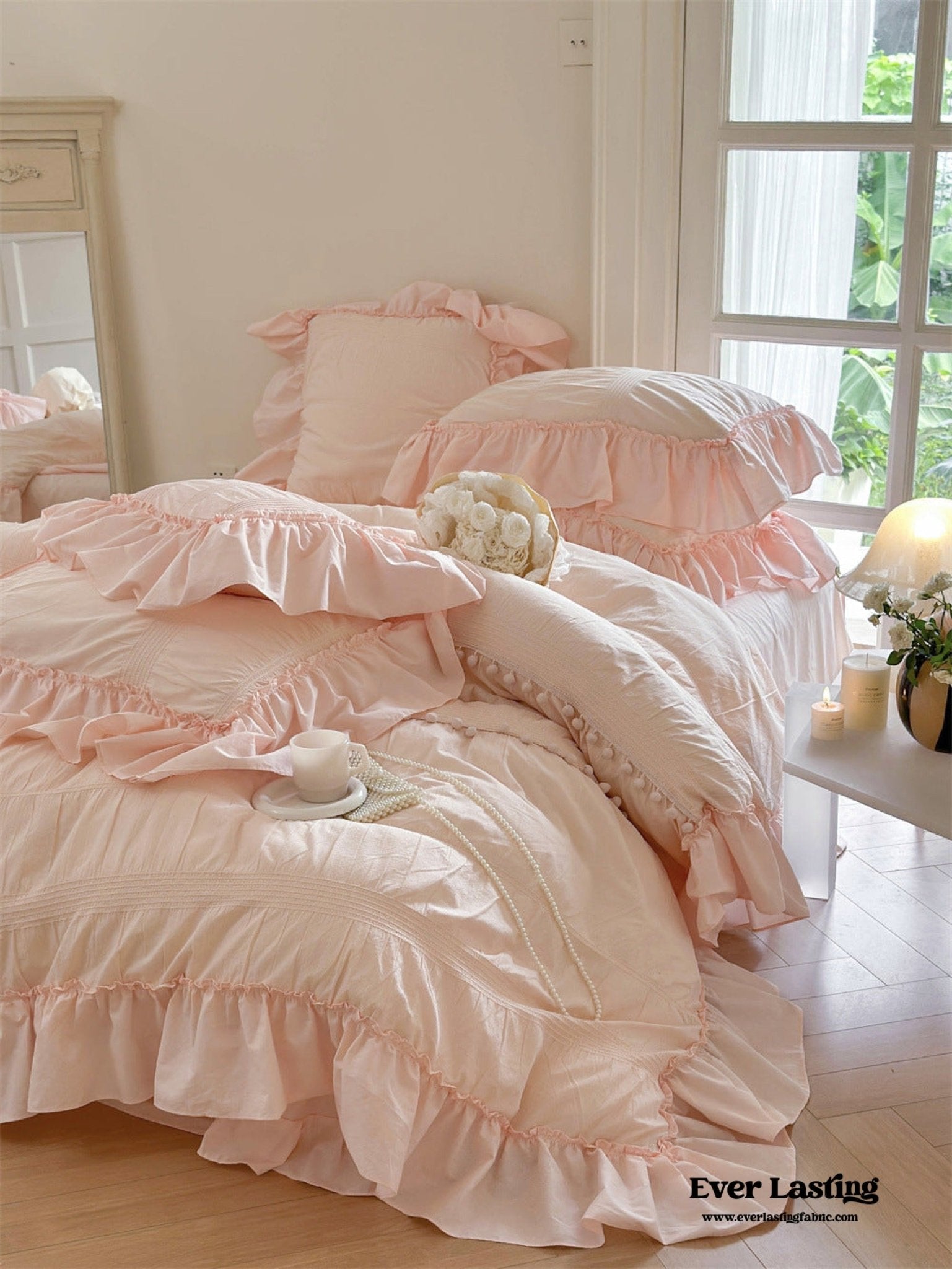 Bubble Washed Cotton Ruffle Bedding Set / Pink - Ever Lasting