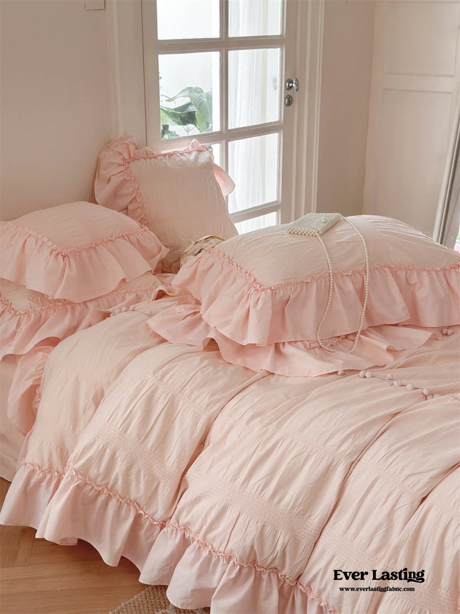 Bubble Washed Cotton Ruffle Bedding Set / Pink - Ever Lasting
