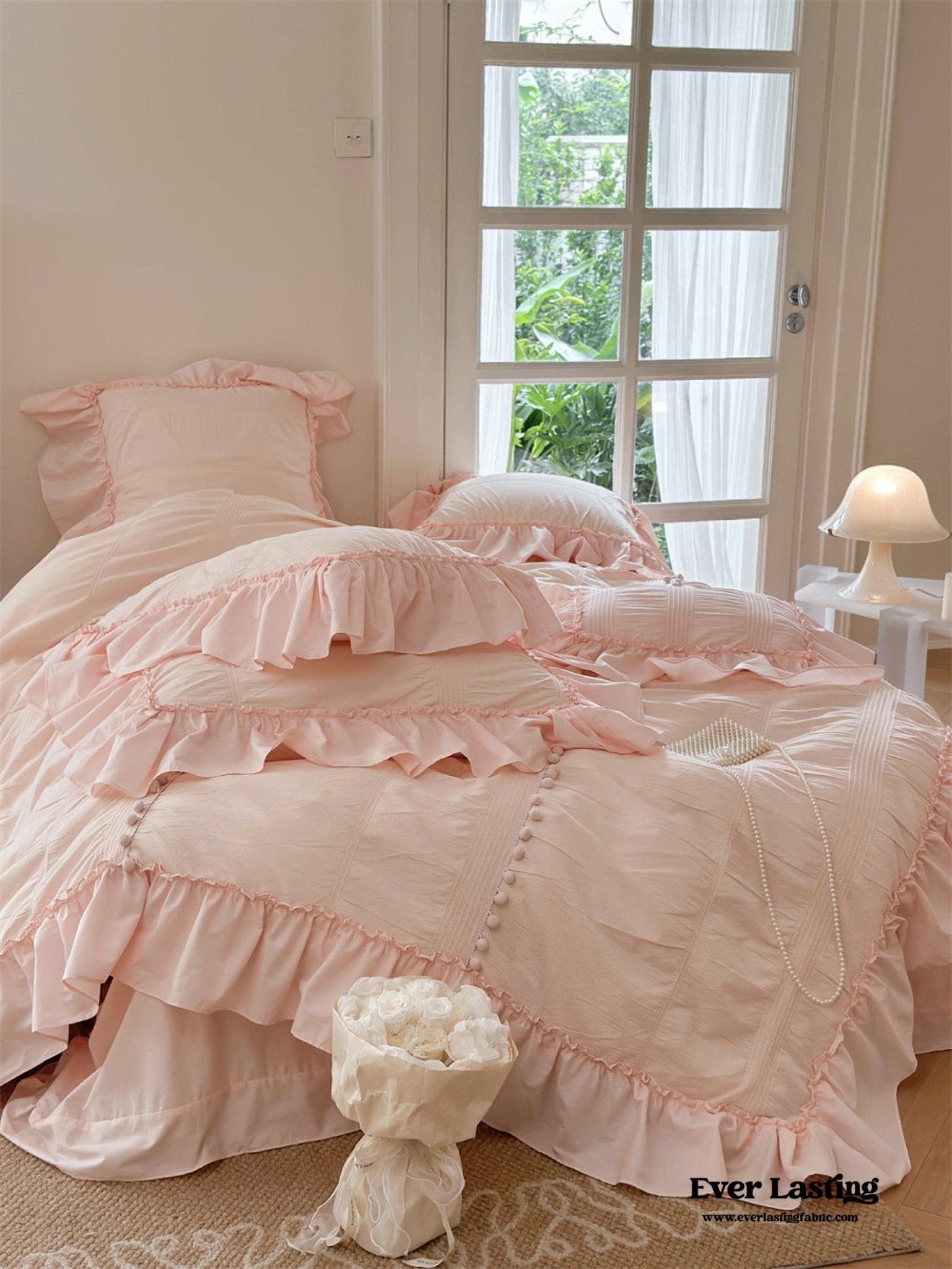 Bubble Washed Cotton Ruffle Bedding Set / Pink - Ever Lasting