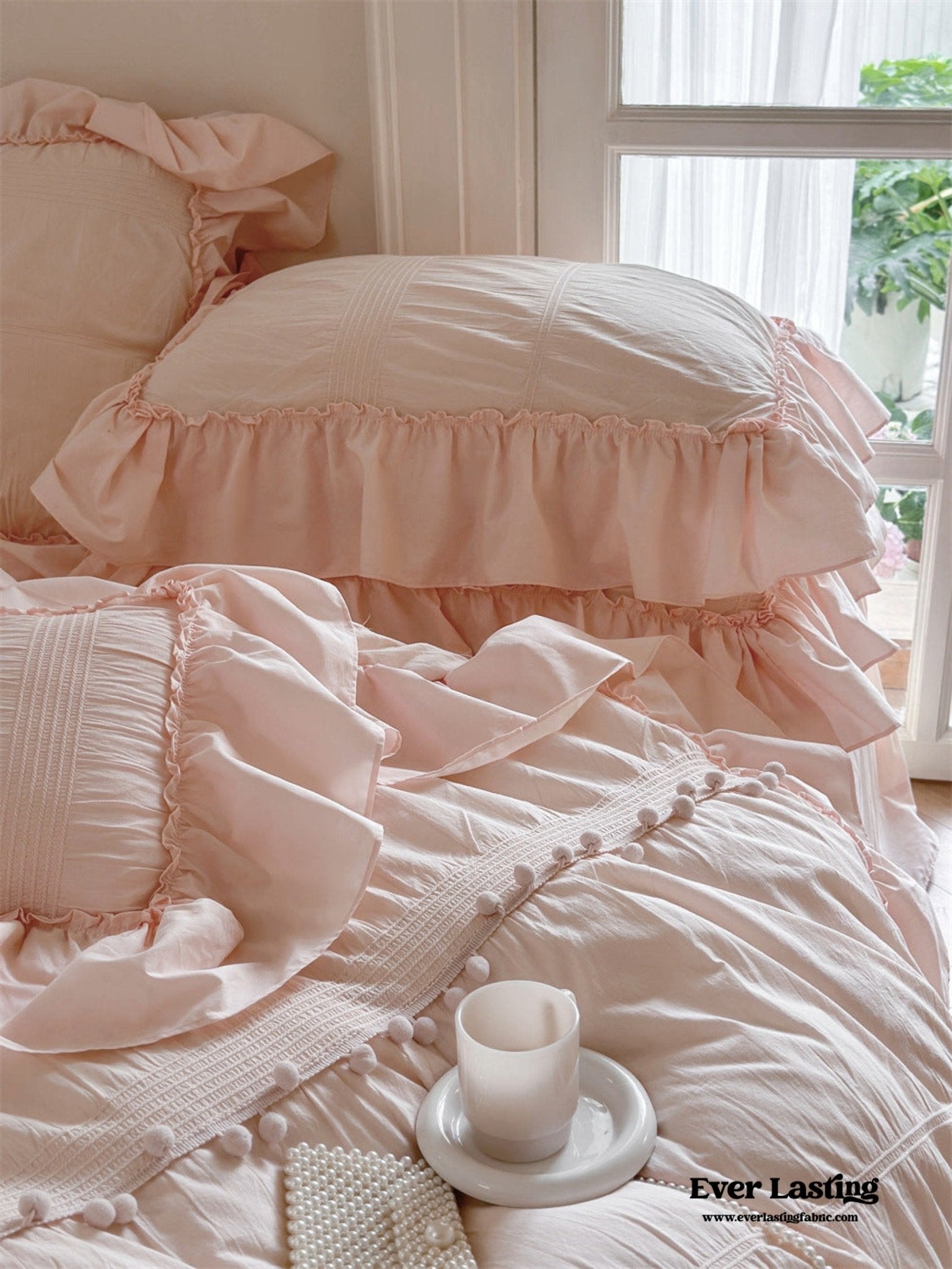 Bubble Washed Cotton Ruffle Bedding Set / Pink - Ever Lasting
