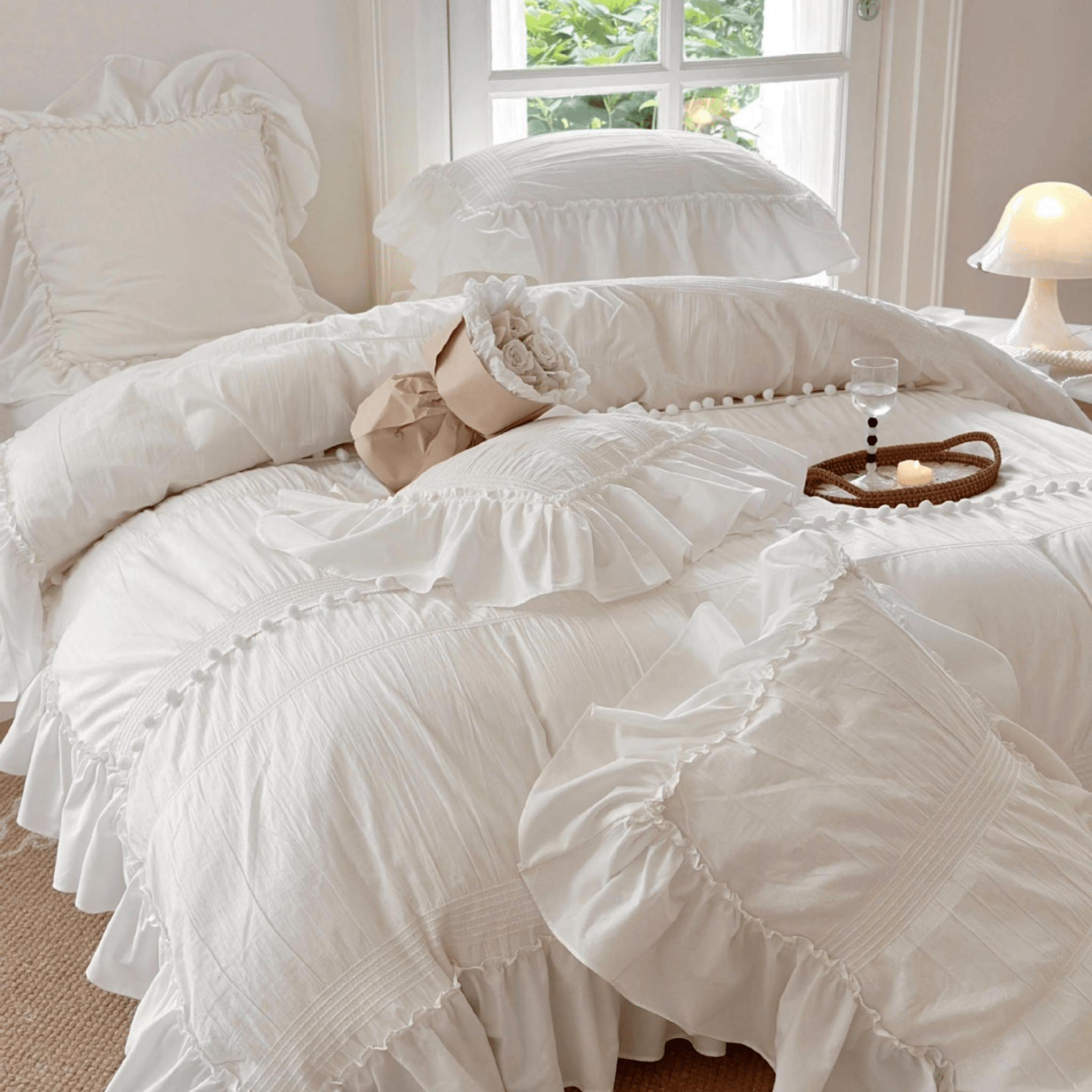 Bubble Washed Cotton Ruffle Bedding Set / White - Ever Lasting