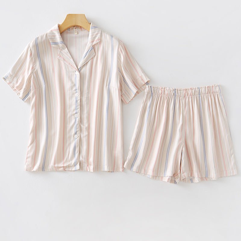 Buttoned Lapel Collared Striped Pajama Set / Pink - Ever Lasting