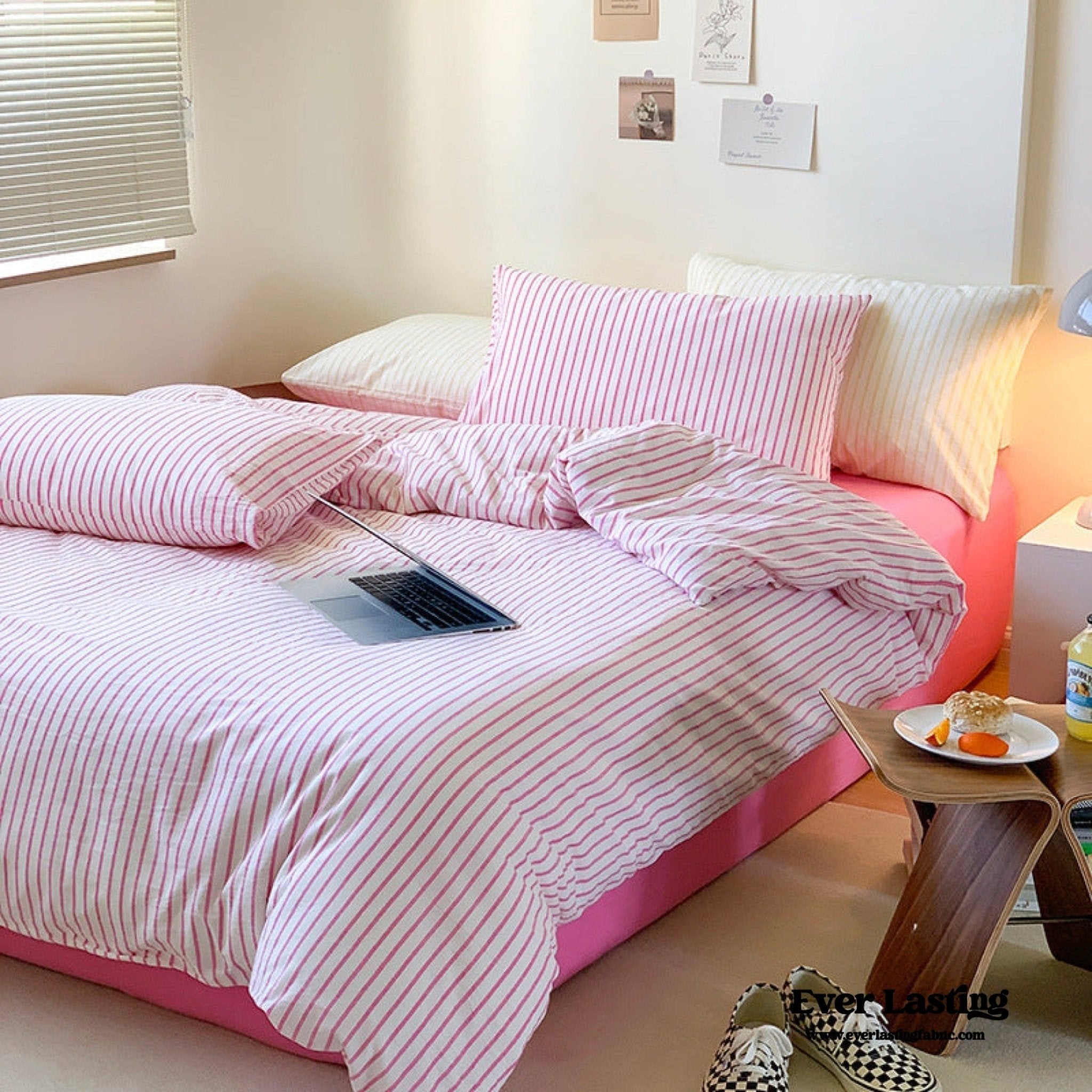 Candy Stripe Washed Cotton Bedding Set / Pink - Ever Lasting